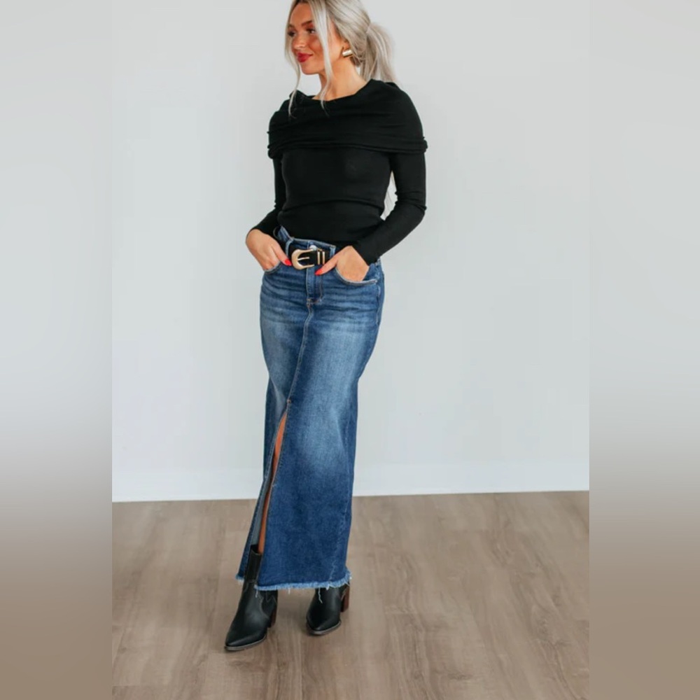 Denim Maxi Skirt with Front Slit